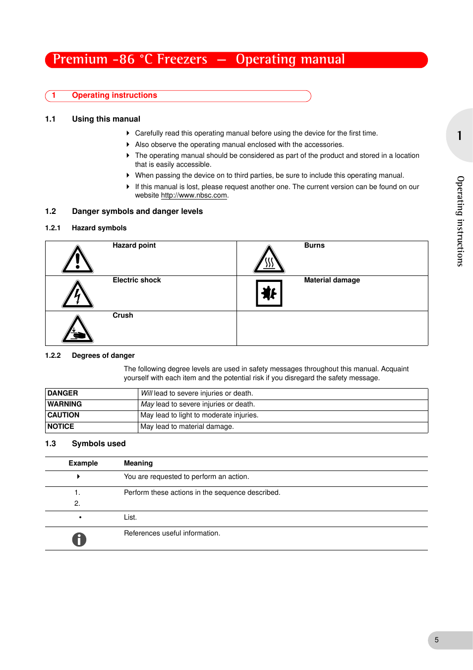 1 operating instructions, 1 using this manual, 2 danger symbols and danger levels | 1 hazard symbols, 2 degrees of danger, 3 symbols used, Operating instructions 1.1, Using this manual, Danger symbols and danger levels 1.2.1, Hazard symbols | Eppendorf New Brunswick -86 °C Freezers Premium User Manual | Page 5 / 44