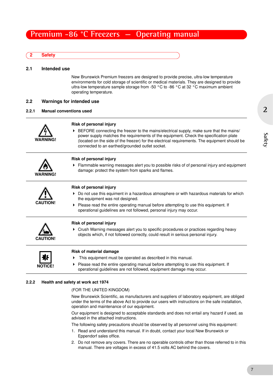 2 safety, 1 intended use, 2 warnings for intended use | 1 manual conventions used, 2 health and safety at work act 1974, Safety 2.1, Intended use, Warnings for intended use 2.2.1, Manual conventions used, Health and safety at work act 1974 | Eppendorf New Brunswick -86 °C Freezers Premium User Manual | Page 7 / 44