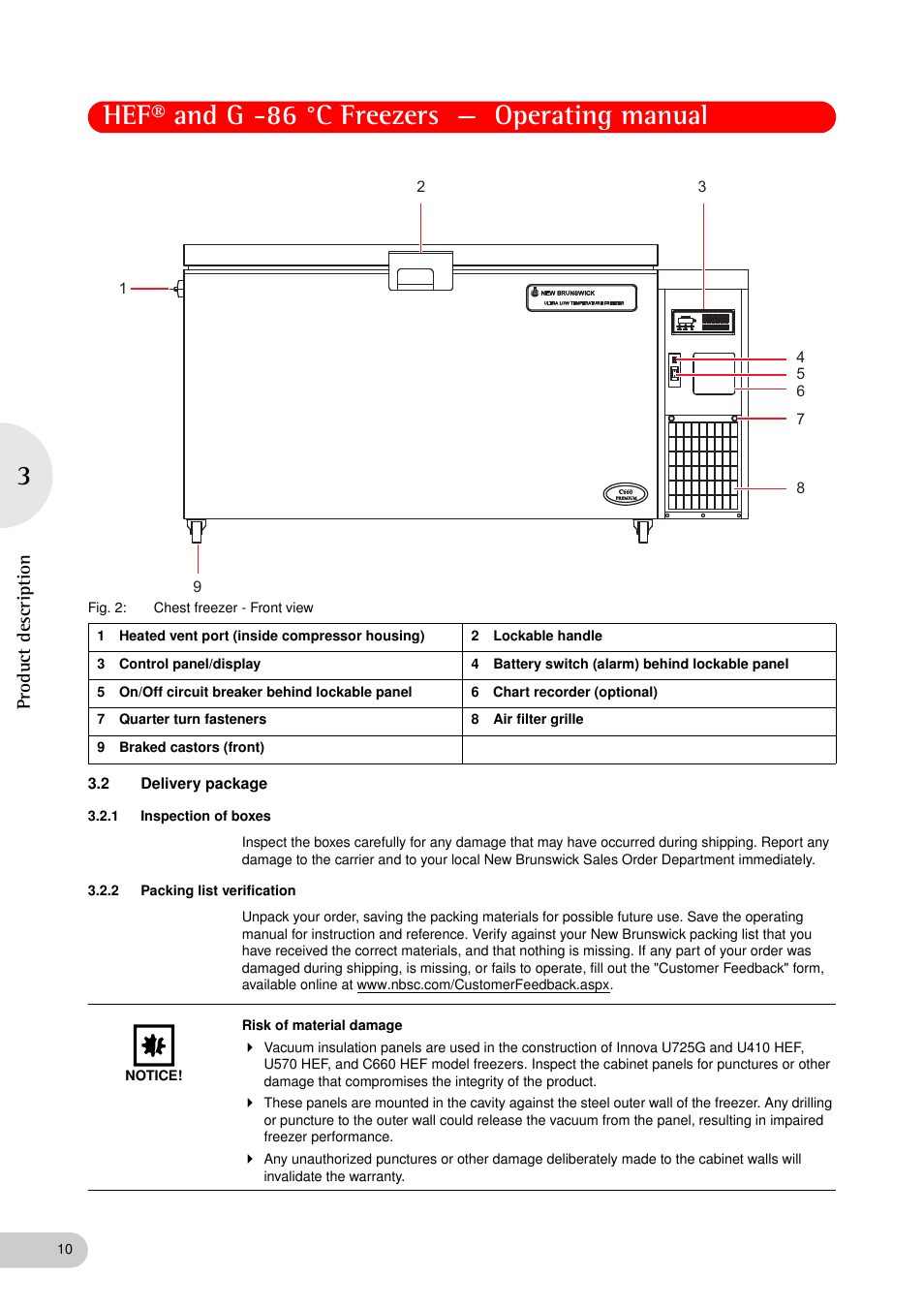 2 delivery package, 1 inspection of boxes, 2 packing list verification | Delivery package 3.2.1, Inspection of boxes, Packing list verification, Hef® and g -86 °c freezers — operating manual, Product descriptio n | Eppendorf New Brunswick -86 °C Freezers G User Manual | Page 10 / 46