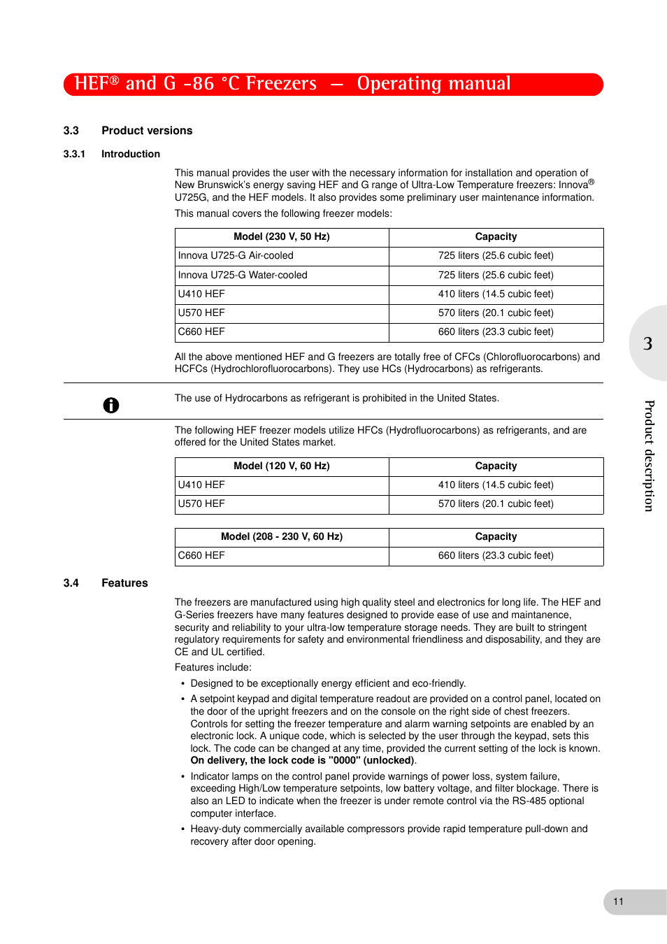 3 product versions, 1 introduction, 4 features | Product versions 3.3.1, Introduction, Features, Hef® and g -86 °c freezers — operating manual, Product descriptio n | Eppendorf New Brunswick -86 °C Freezers G User Manual | Page 11 / 46
