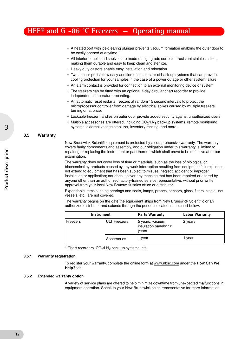 5 warranty, 1 warranty registration, 2 extended warranty option | Warranty 3.5.1, Warranty registration, Extended warranty option, Hef® and g -86 °c freezers — operating manual, Product descriptio n | Eppendorf New Brunswick -86 °C Freezers G User Manual | Page 12 / 46