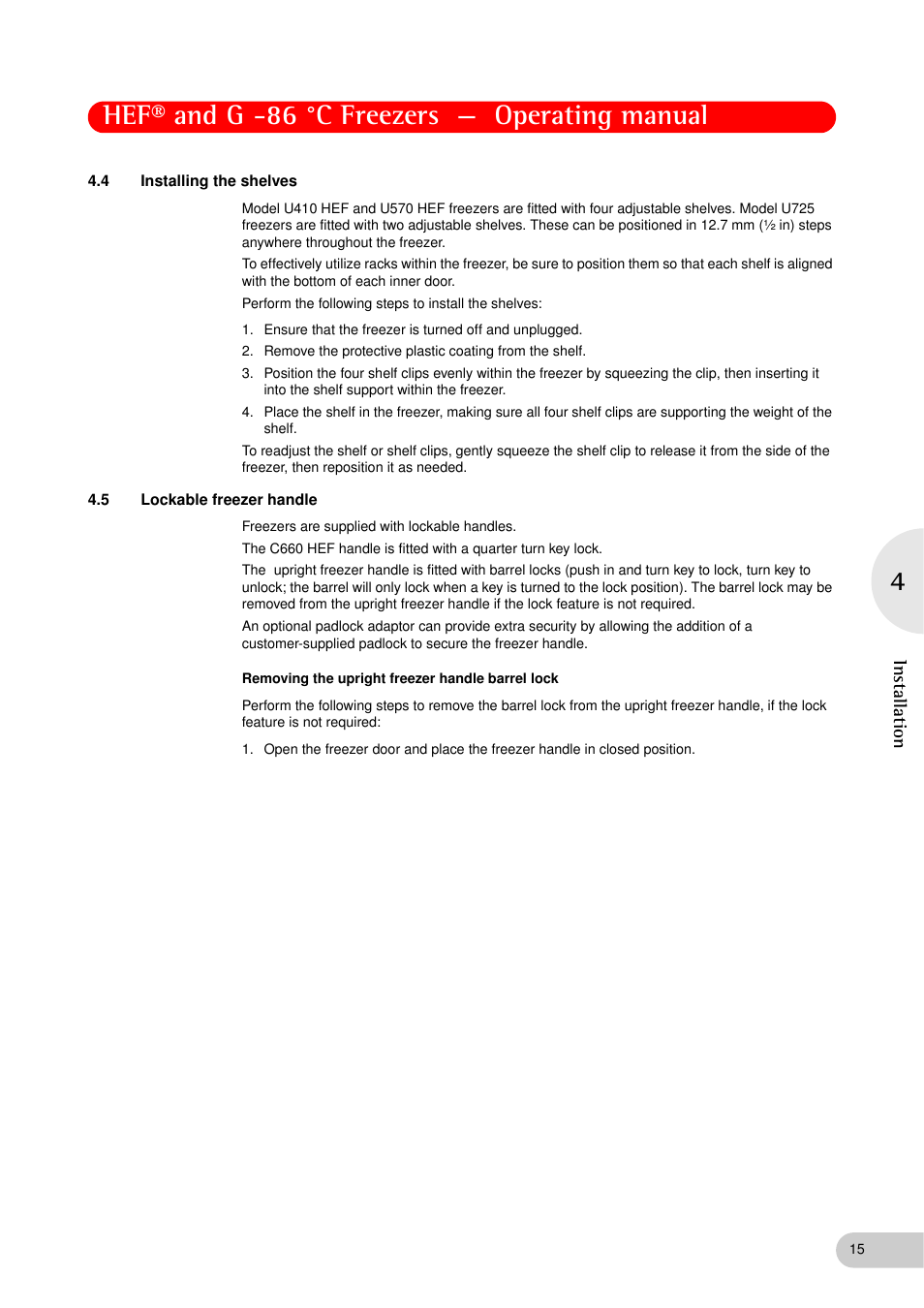 4 installing the shelves, 5 lockable freezer handle, Installing the shelves | Lockable freezer handle, Hef® and g -86 °c freezers — operating manual | Eppendorf New Brunswick -86 °C Freezers G User Manual | Page 15 / 46