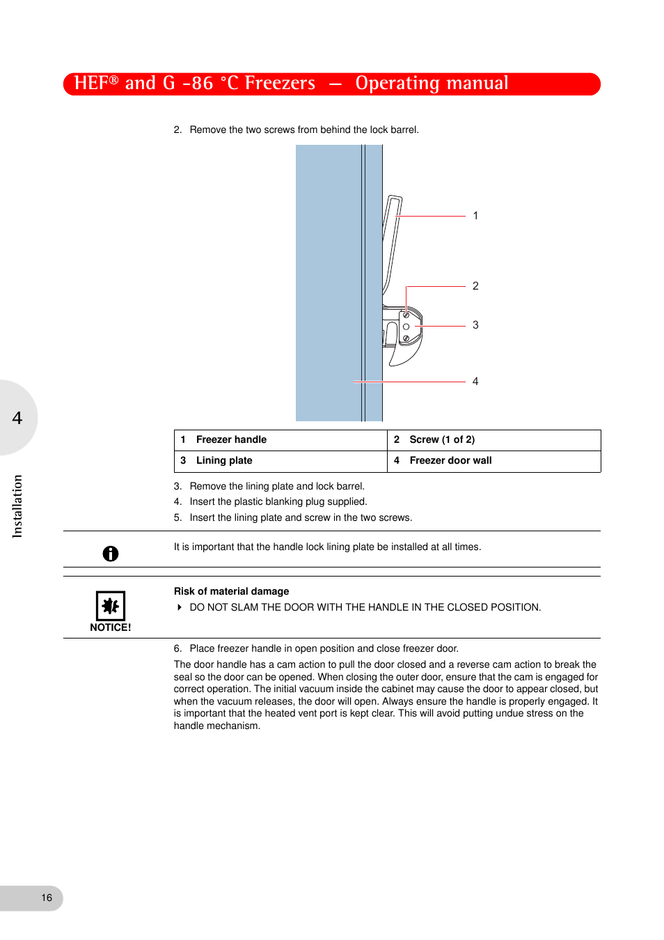 Hef® and g -86 °c freezers — operating manual, Installation | Eppendorf New Brunswick -86 °C Freezers G User Manual | Page 16 / 46