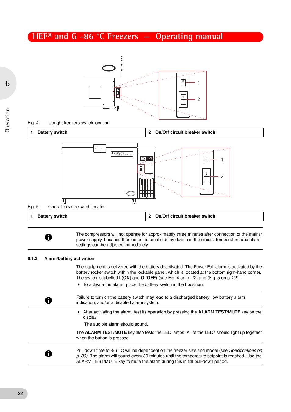 3 alarm/battery activation, Alarm/battery activation, Hef® and g -86 °c freezers — operating manual | Op eration | Eppendorf New Brunswick -86 °C Freezers G User Manual | Page 22 / 46