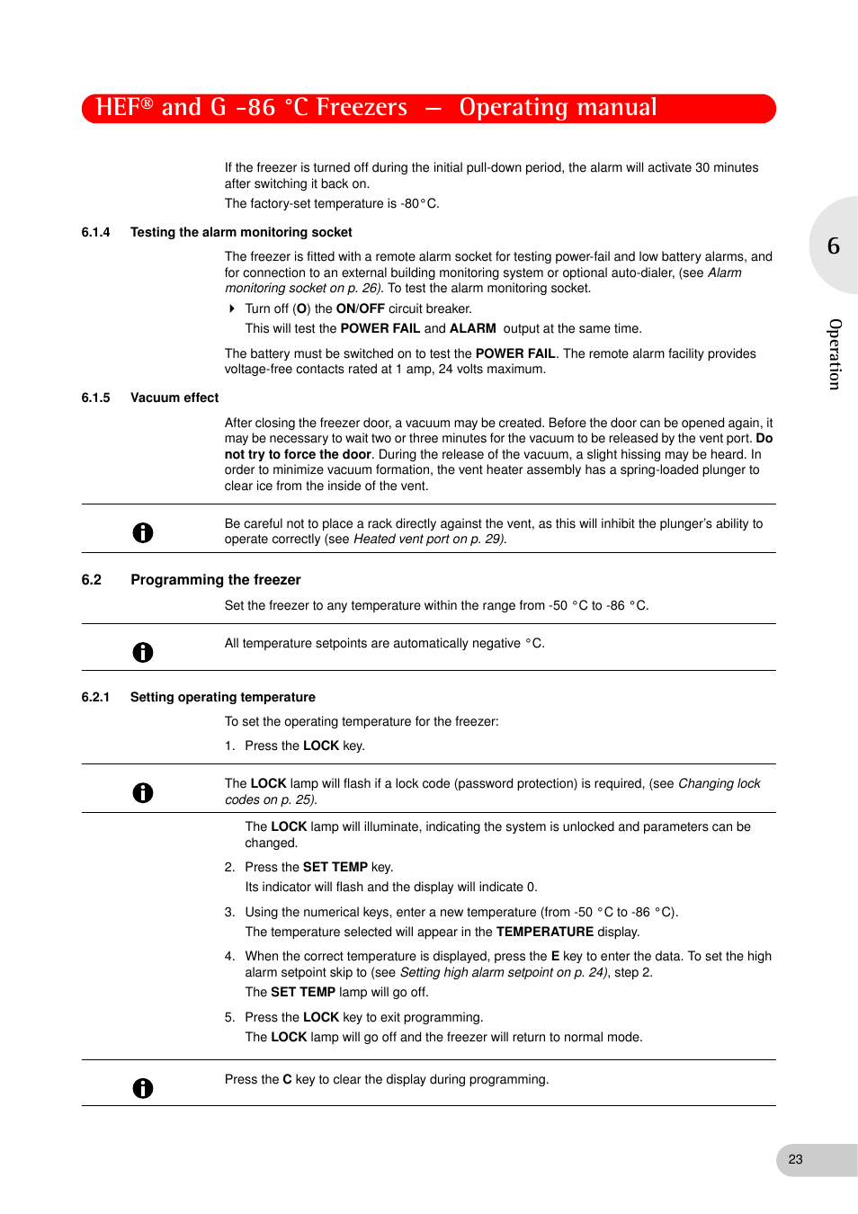 4 testing the alarm monitoring socket, 5 vacuum effect, 2 programming the freezer | 1 setting operating temperature, Testing the alarm monitoring socket, Vacuum effect, Programming the freezer 6.2.1, Setting operating temperature, Hef® and g -86 °c freezers — operating manual, Oper at ion | Eppendorf New Brunswick -86 °C Freezers G User Manual | Page 23 / 46