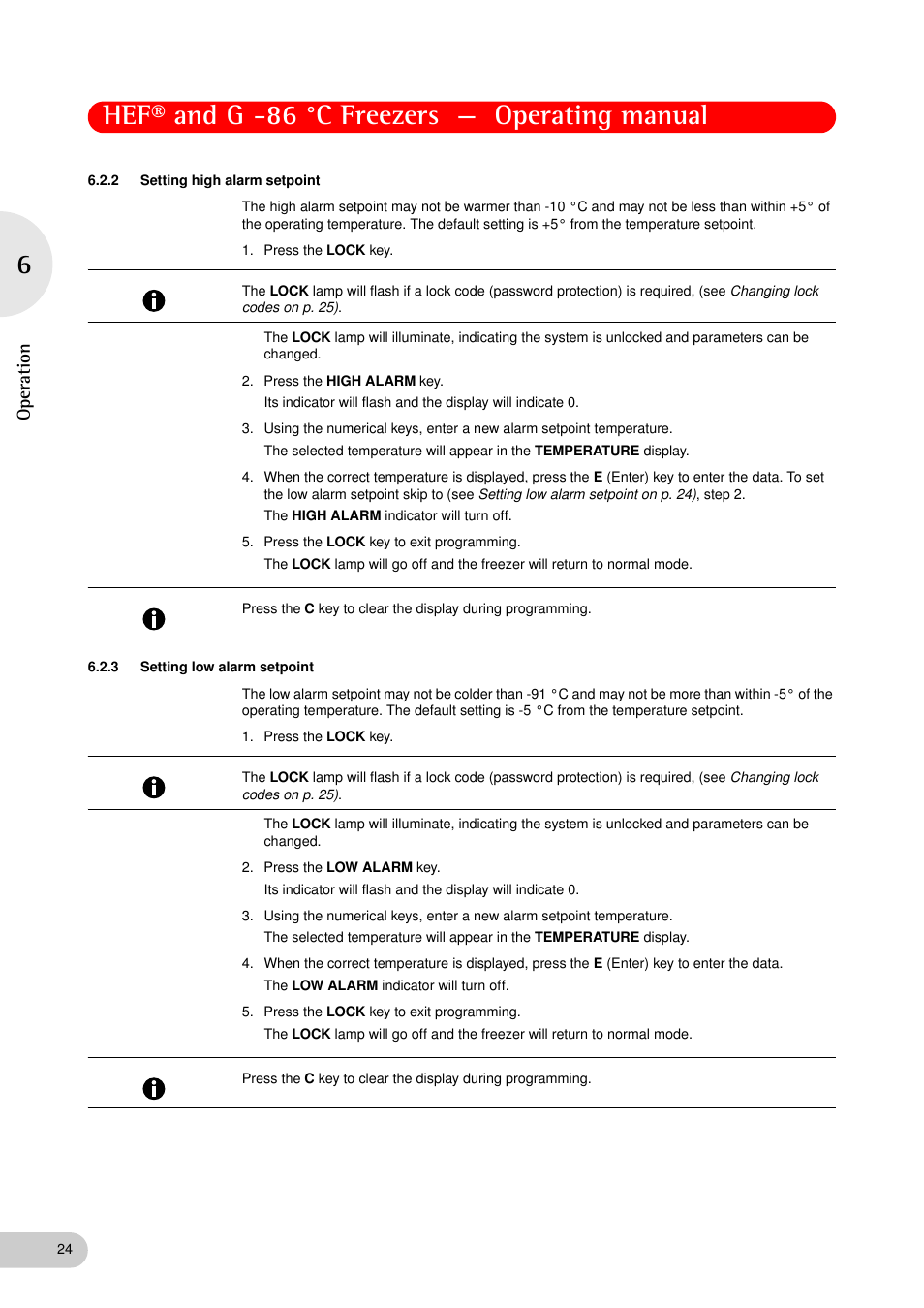 2 setting high alarm setpoint, 3 setting low alarm setpoint, Setting high alarm setpoint | Setting low alarm setpoint, See setting high alarm setpoint on p. 24) , s, Hef® and g -86 °c freezers — operating manual, Op eration | Eppendorf New Brunswick -86 °C Freezers G User Manual | Page 24 / 46