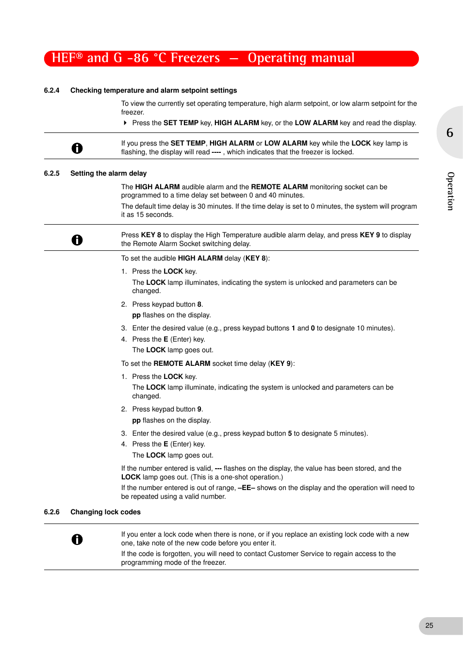 4 checking temperature and alarm setpoint settings, 5 setting the alarm delay, 6 changing lock codes | Checking temperature and alarm setpoint settings, Setting the alarm delay, Changing lock codes, See changing lock codes on p. 25), Hef® and g -86 °c freezers — operating manual, Oper at ion | Eppendorf New Brunswick -86 °C Freezers G User Manual | Page 25 / 46