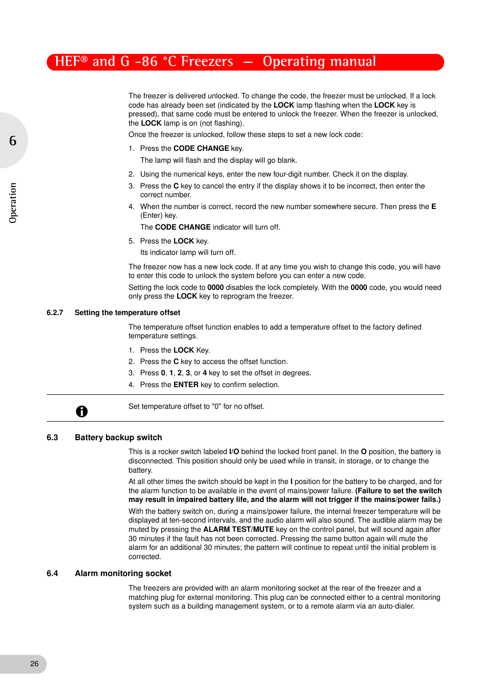 7 setting the temperature offset, 3 battery backup switch, 4 alarm monitoring socket | Setting the temperature offset, Battery backup switch, Alarm monitoring socket, See alarm monitoring socket on p. 26), Hef® and g -86 °c freezers — operating manual, Op eration | Eppendorf New Brunswick -86 °C Freezers G User Manual | Page 26 / 46