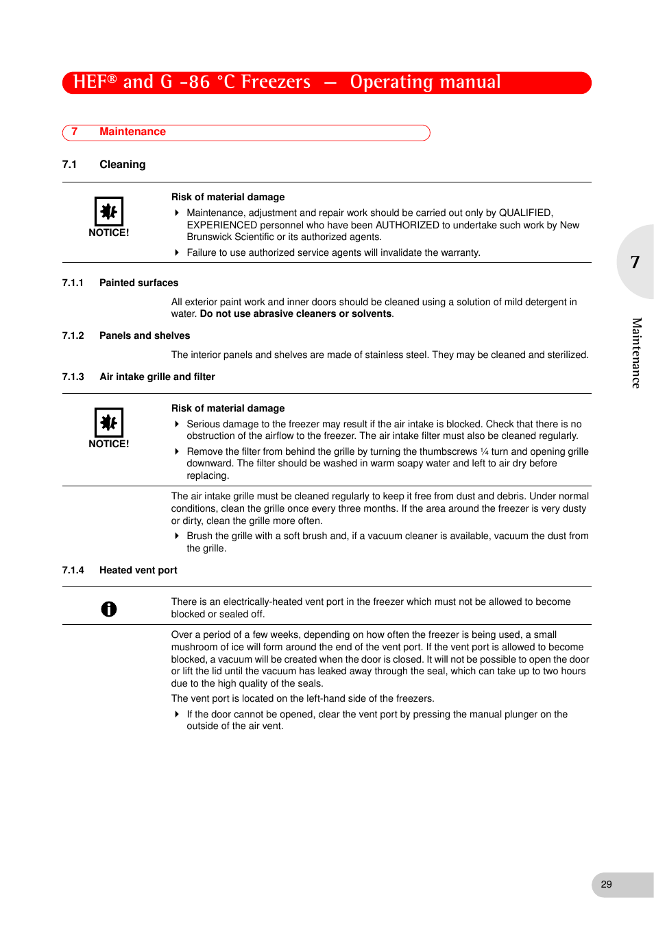 7 maintenance, 1 cleaning, 1 painted surfaces | 2 panels and shelves, 3 air intake grille and filter, 4 heated vent port, Maintenance 7.1, Cleaning 7.1.1, Painted surfaces, Panels and shelves | Eppendorf New Brunswick -86 °C Freezers G User Manual | Page 29 / 46