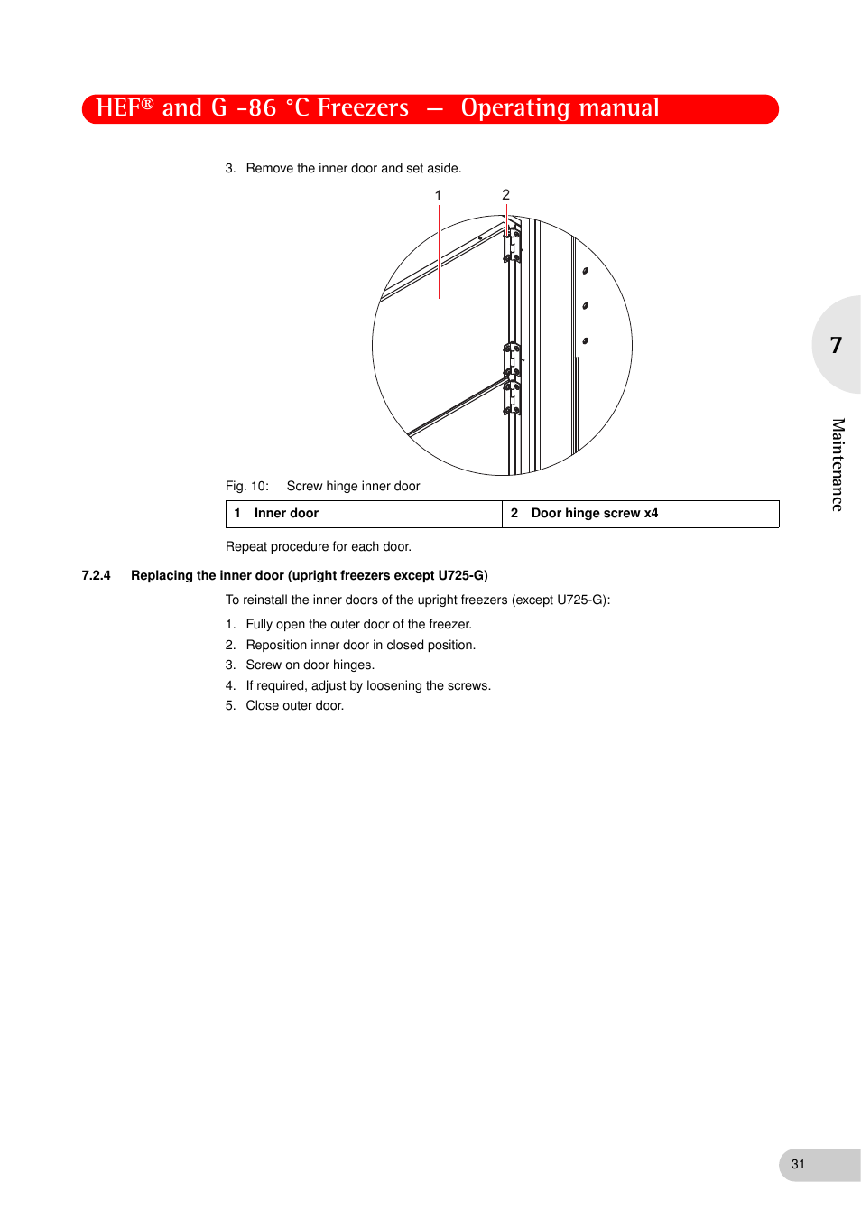 Hef® and g -86 °c freezers — operating manual, Ma in ten ance | Eppendorf New Brunswick -86 °C Freezers G User Manual | Page 31 / 46