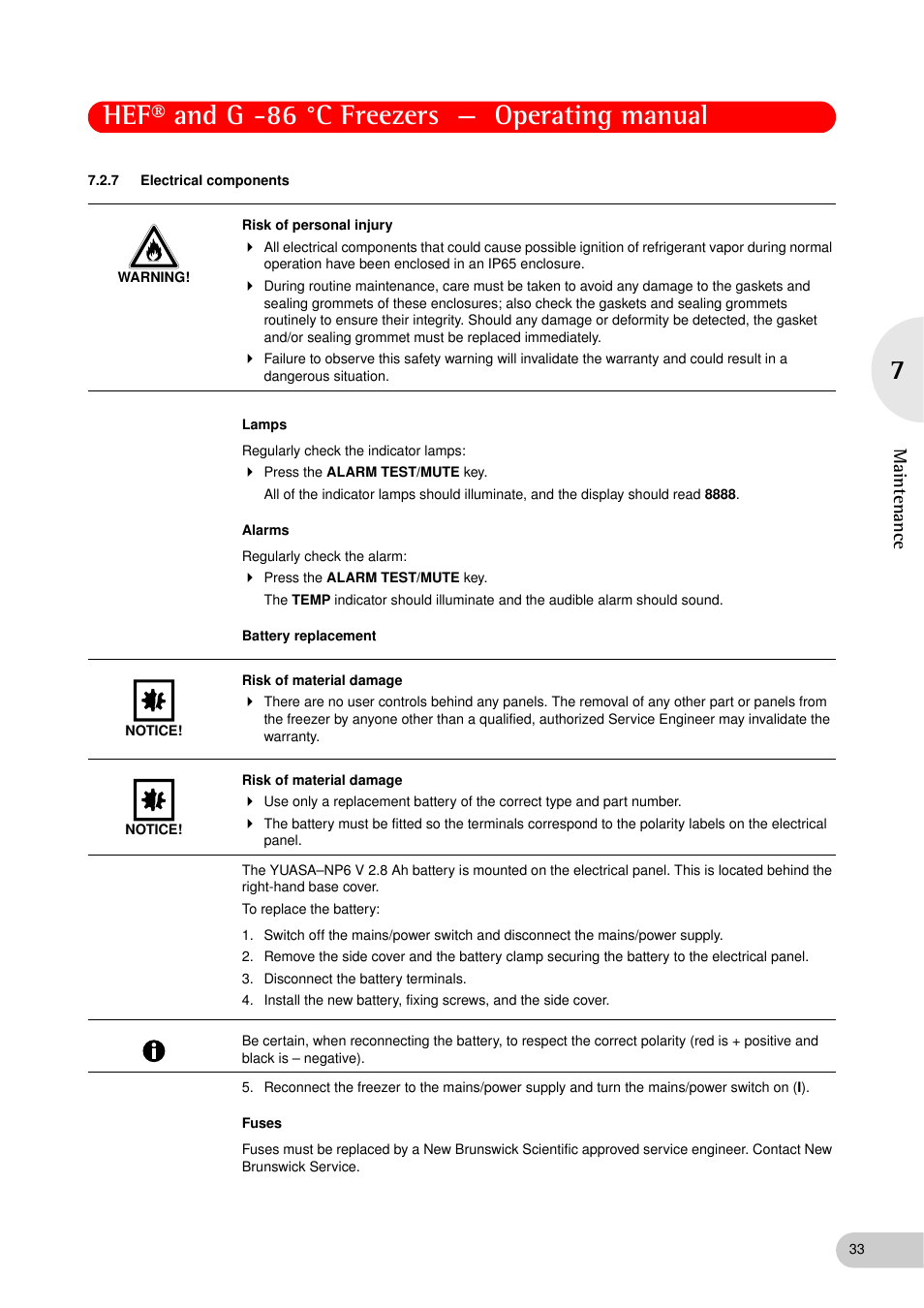 7 electrical components, Electrical components, Hef® and g -86 °c freezers — operating manual | Ma in ten ance | Eppendorf New Brunswick -86 °C Freezers G User Manual | Page 33 / 46