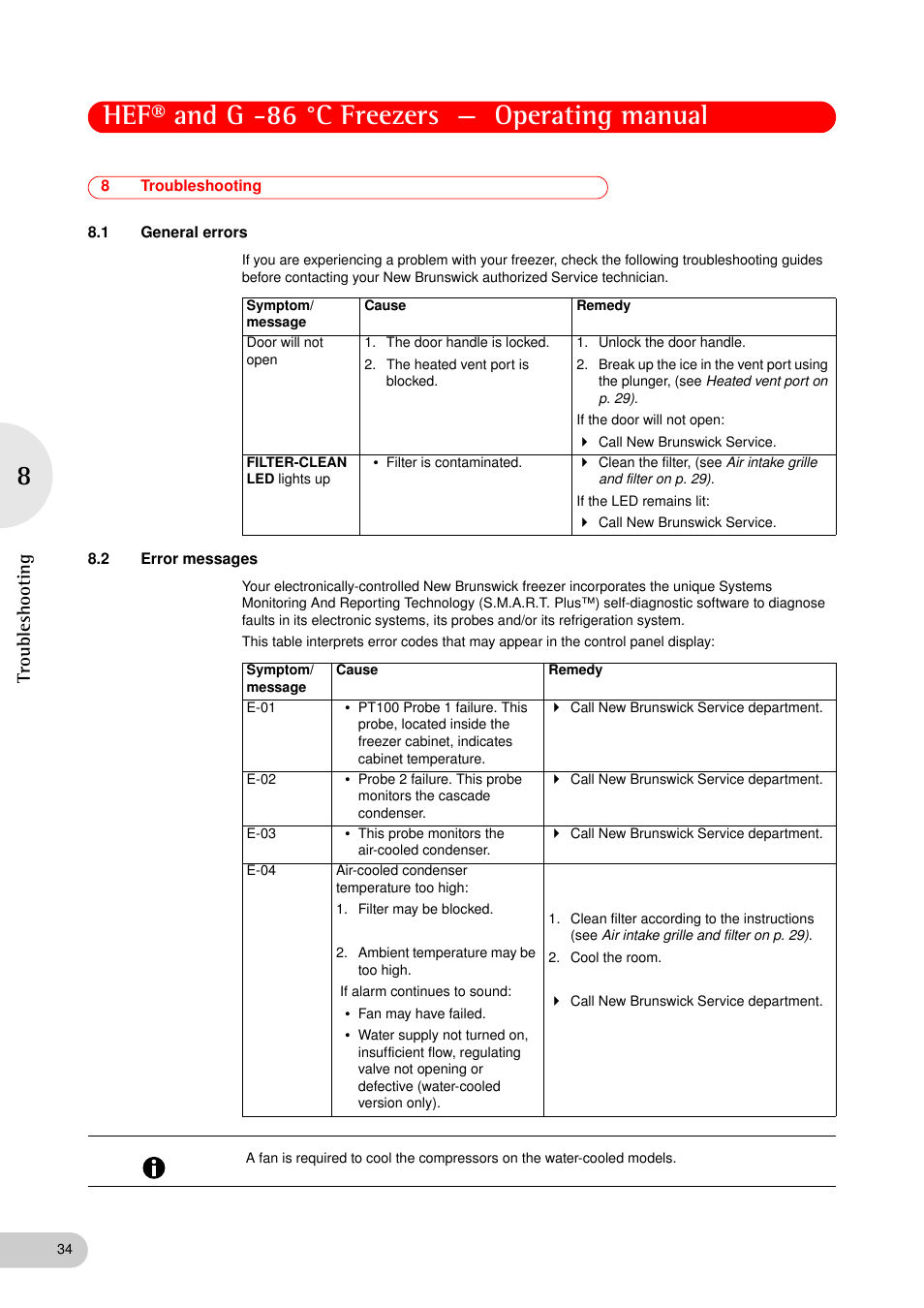 8 troubleshooting, 1 general errors, 2 error messages | Troubleshooting 8.1, General errors, Error messages, Hef® and g -86 °c freezers — operating manual, Troubleshooting | Eppendorf New Brunswick -86 °C Freezers G User Manual | Page 34 / 46