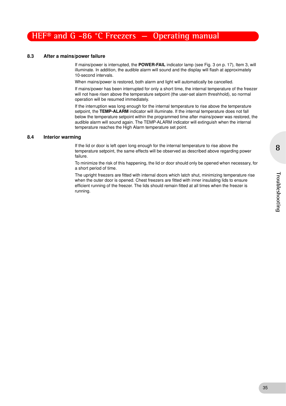 3 after a mains/power failure, 4 interior warming, After a mains/power failure | Interior warming, Hef® and g -86 °c freezers — operating manual | Eppendorf New Brunswick -86 °C Freezers G User Manual | Page 35 / 46