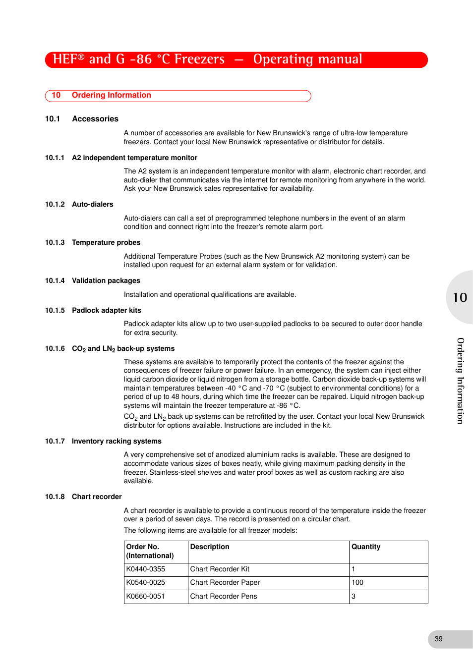 10 ordering information, 1 accessories, 1 a2 independent temperature monitor | 2 auto-dialers, 3 temperature probes, 4 validation packages, 5 padlock adapter kits, 6 co2 and ln2 back-up systems, 7 inventory racking systems, 8 chart recorder | Eppendorf New Brunswick -86 °C Freezers G User Manual | Page 39 / 46