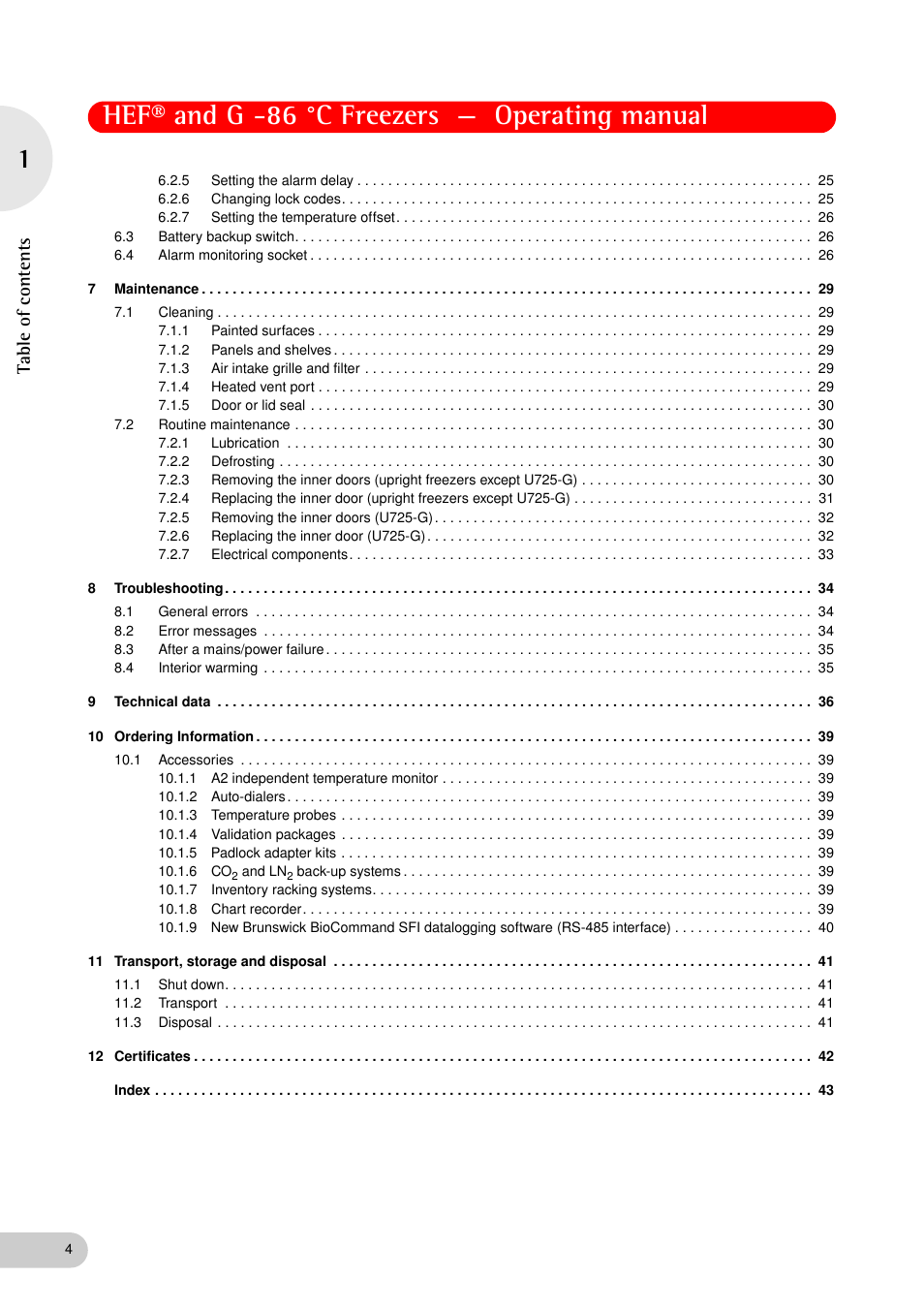 Hef® and g -86 °c freezers — operating manual, Ta ble of conte nts | Eppendorf New Brunswick -86 °C Freezers G User Manual | Page 4 / 46