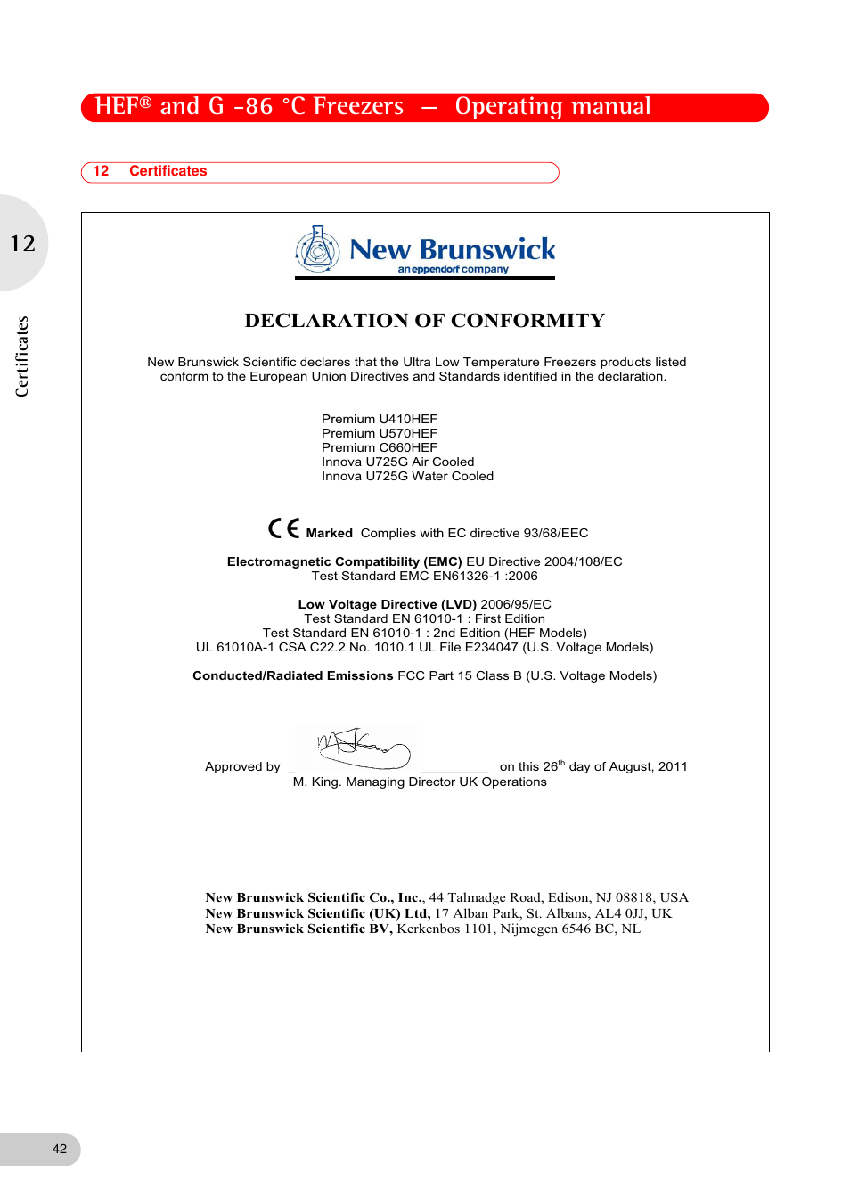 12 certificates, Hef® and g -86 °c freezers — operating manual, Declaration of conformity | Certifica te s | Eppendorf New Brunswick -86 °C Freezers G User Manual | Page 42 / 46