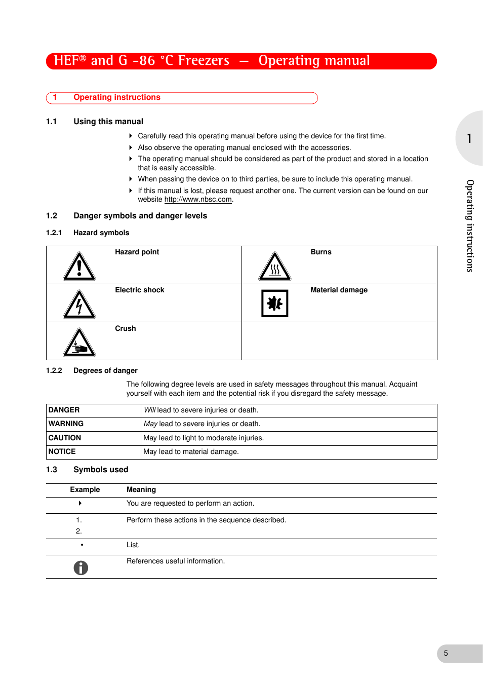 1 operating instructions, 1 using this manual, 2 danger symbols and danger levels | 1 hazard symbols, 2 degrees of danger, 3 symbols used, Operating instructions 1.1, Using this manual, Danger symbols and danger levels 1.2.1, Hazard symbols | Eppendorf New Brunswick -86 °C Freezers G User Manual | Page 5 / 46