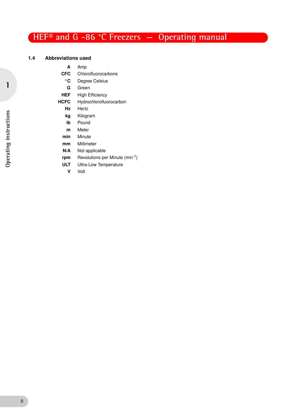 4 abbreviations used, Abbreviations used, Hef® and g -86 °c freezers — operating manual | Operating instruc tions | Eppendorf New Brunswick -86 °C Freezers G User Manual | Page 6 / 46