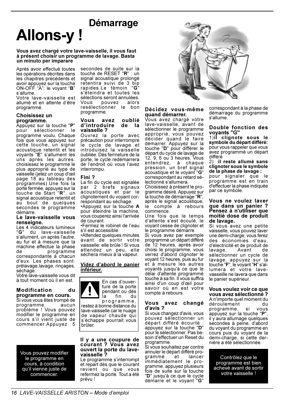 Allons-y, Démarrage | Ariston LL 65 B-S-W User Manual | Page 16 / 31