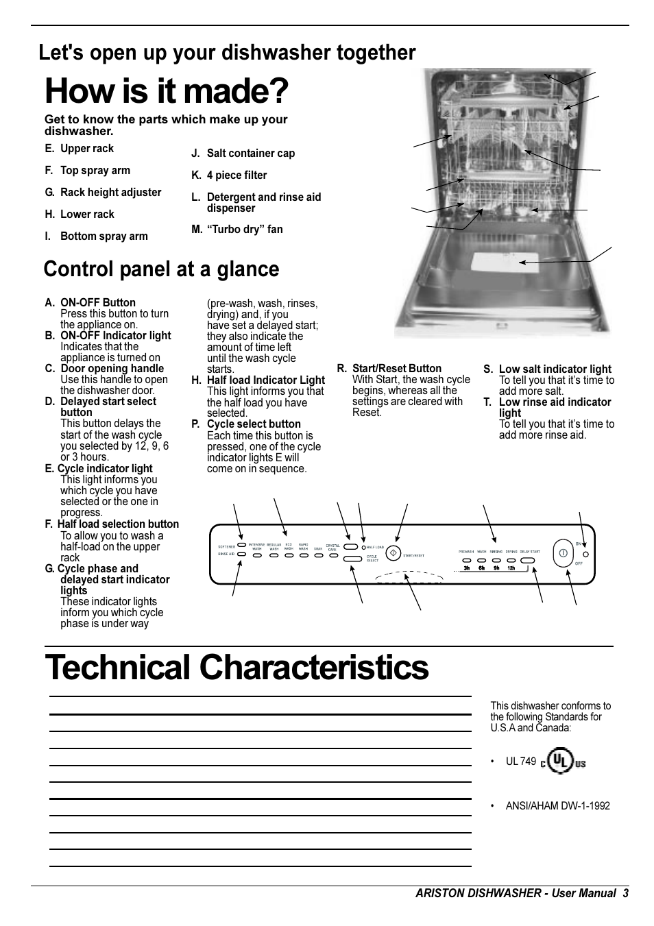 How is it made, Technical characteristics, Control panel at a glance | Let's open up your dishwasher together | Ariston LL 65 B-S-W User Manual | Page 4 / 31