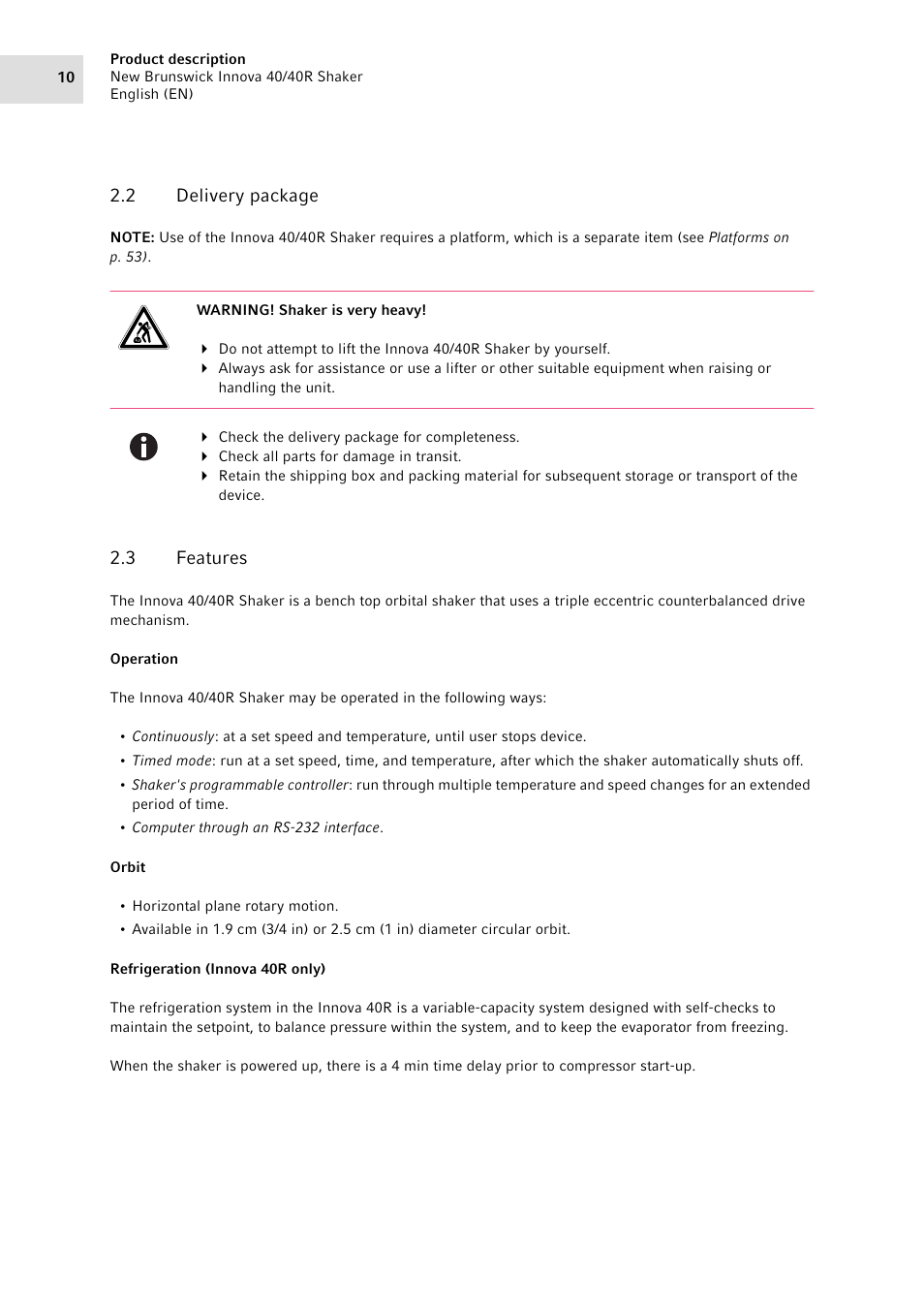 2 delivery package, 3 features, Delivery package | Features | Eppendorf Innova 40R Shaker User Manual | Page 10 / 64