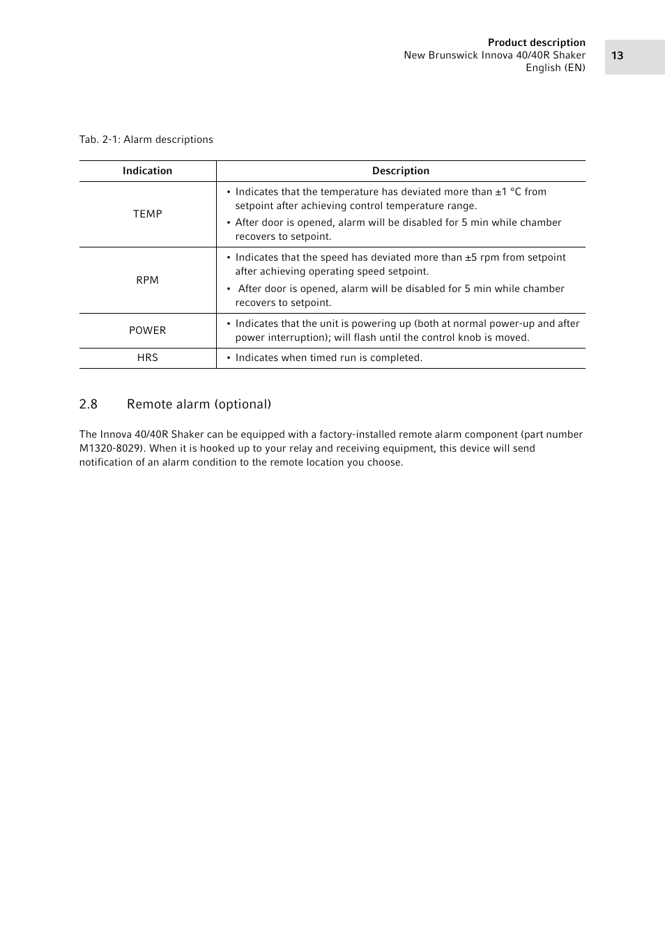 8 remote alarm (optional), Remote alarm (optional) | Eppendorf Innova 40R Shaker User Manual | Page 13 / 64