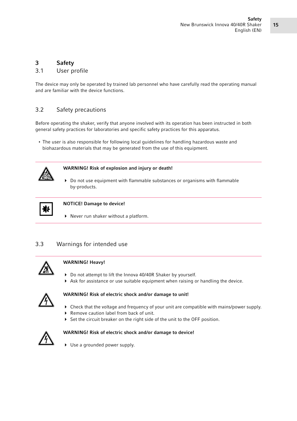 3 safety, 1 user profile, 2 safety precautions | 3 warnings for intended use, Safety 3.1, User profile, Safety precautions, Warnings for intended use | Eppendorf Innova 40R Shaker User Manual | Page 15 / 64