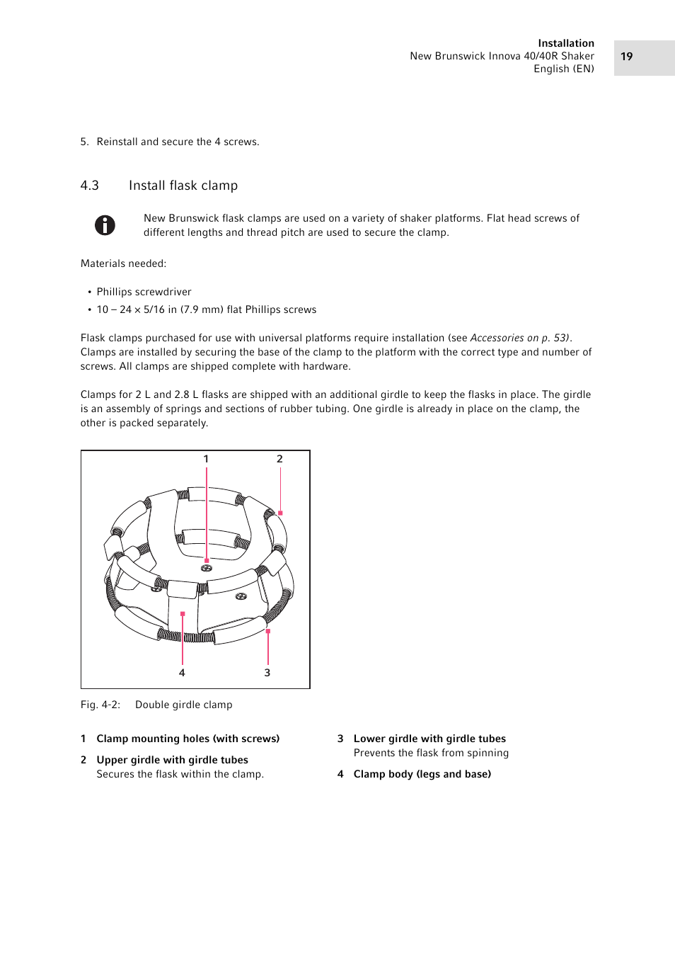 3 install flask clamp, Install flask clamp | Eppendorf Innova 40R Shaker User Manual | Page 19 / 64