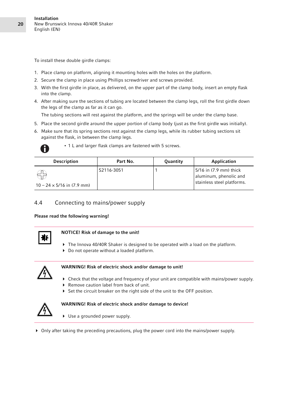 4 connecting to mains/power supply, Connecting to mains/power supply | Eppendorf Innova 40R Shaker User Manual | Page 20 / 64