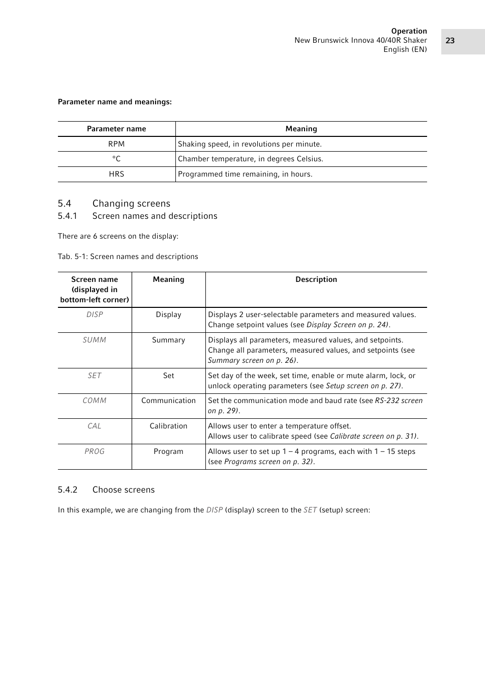 4 changing screens, 1 screen names and descriptions, 2 choose screens | Changing screens 5.4.1, Screen names and descriptions, Choose screens | Eppendorf Innova 40R Shaker User Manual | Page 23 / 64