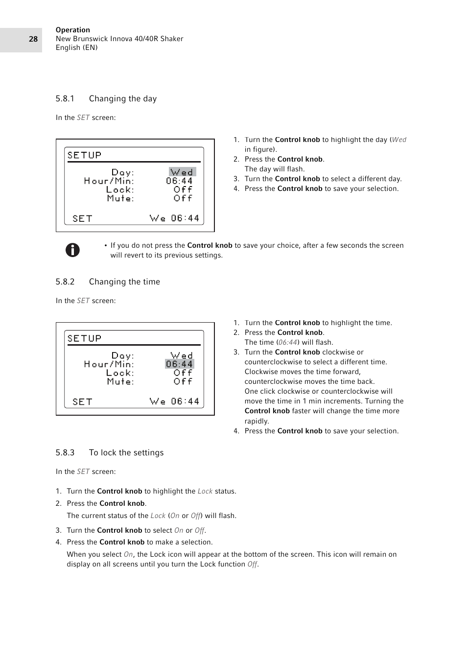 1 changing the day, 2 changing the time, 3 to lock the settings | Changing the day, Changing the time, To lock the settings | Eppendorf Innova 40R Shaker User Manual | Page 28 / 64