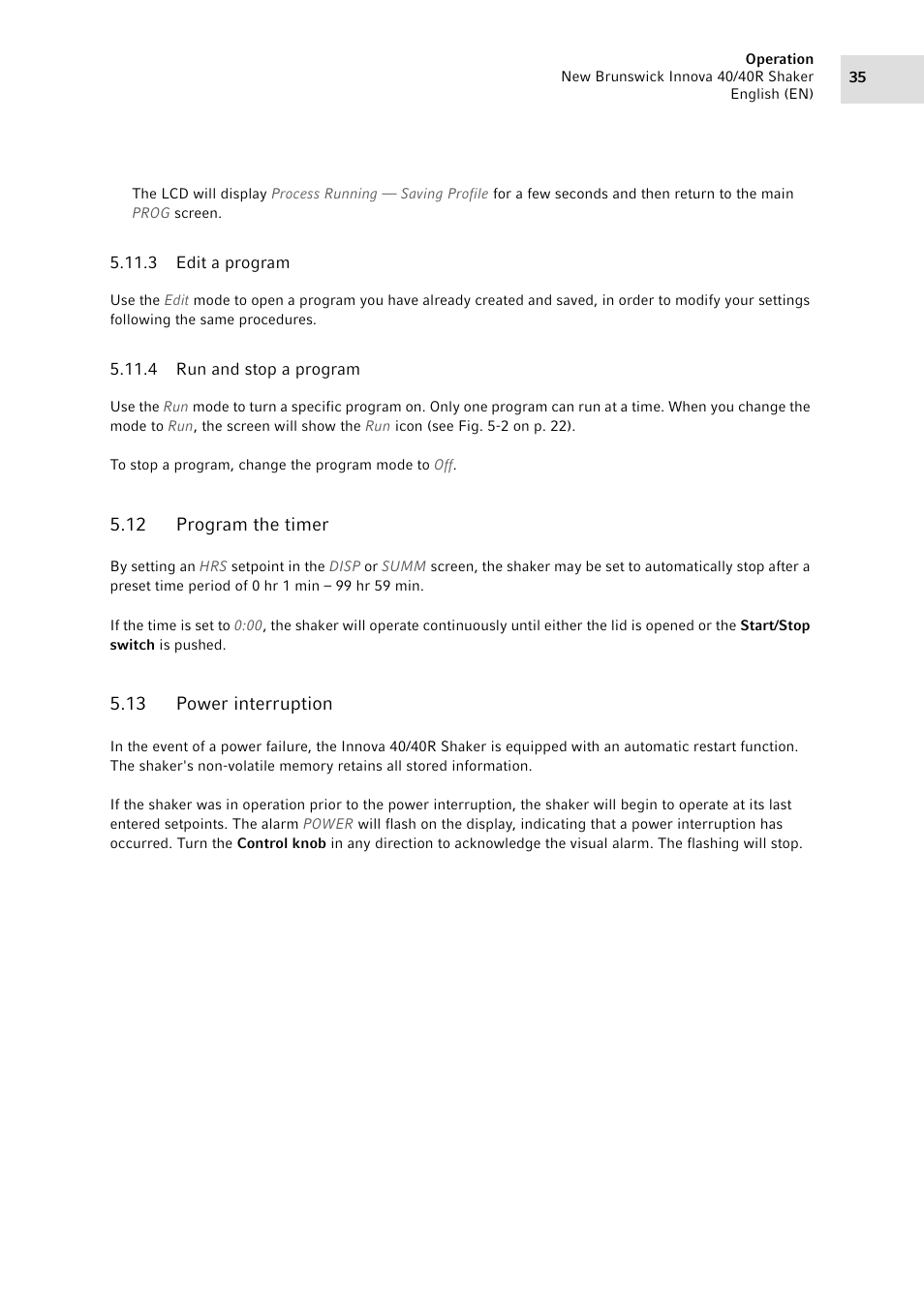 3 edit a program, 4 run and stop a program, 12 program the timer | 13 power interruption, Edit a program, Run and stop a program, Program the timer, Power interruption | Eppendorf Innova 40R Shaker User Manual | Page 35 / 64