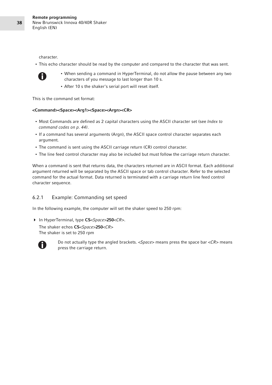 1 example: commanding set speed, Example: commanding set speed | Eppendorf Innova 40R Shaker User Manual | Page 38 / 64