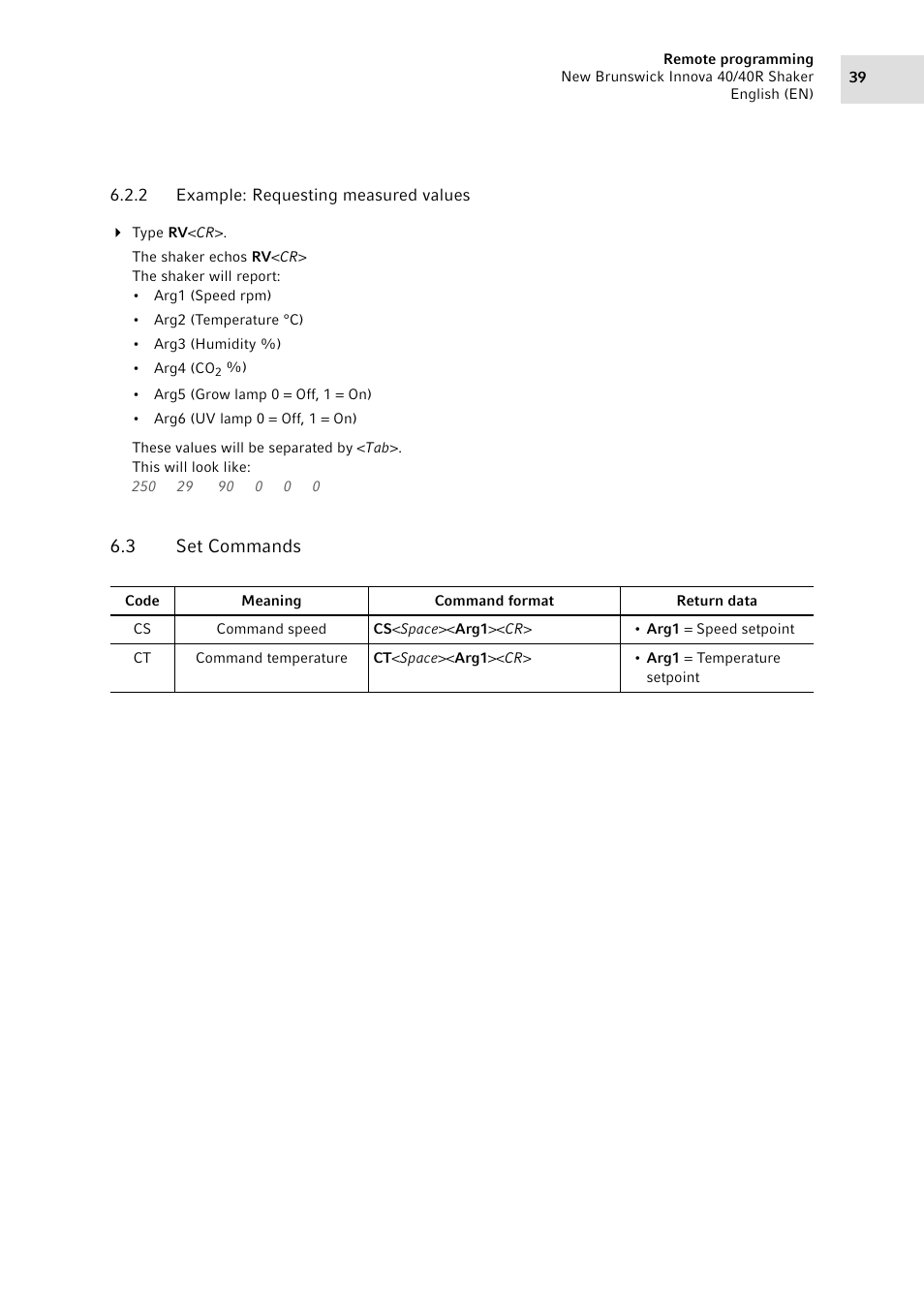 2 example: requesting measured values, 3 set commands, Example: requesting measured values | Set commands | Eppendorf Innova 40R Shaker User Manual | Page 39 / 64