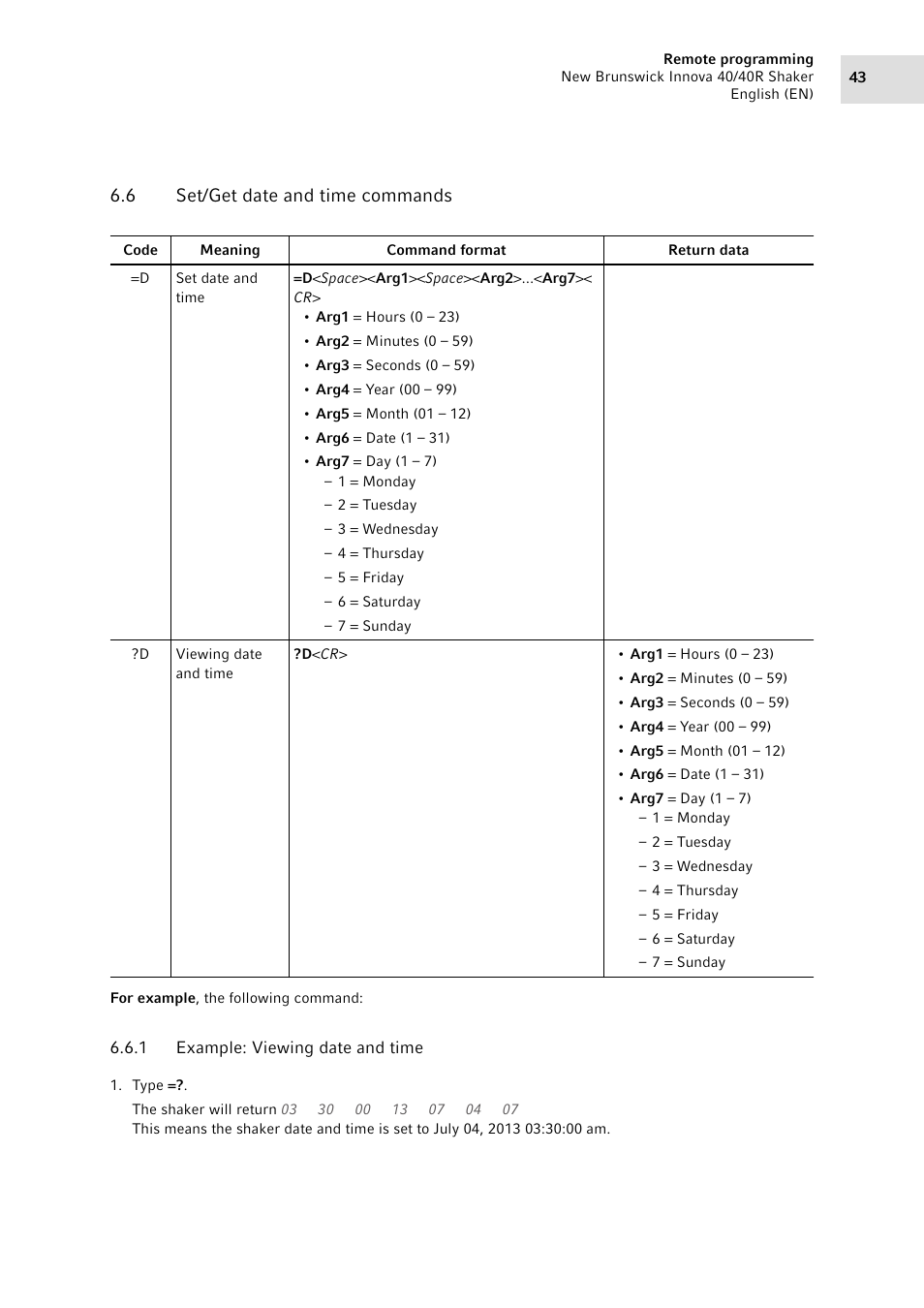 6 set/get date and time commands, 1 example: viewing date and time, Set/get date and time commands 6.6.1 | Example: viewing date and time | Eppendorf Innova 40R Shaker User Manual | Page 43 / 64