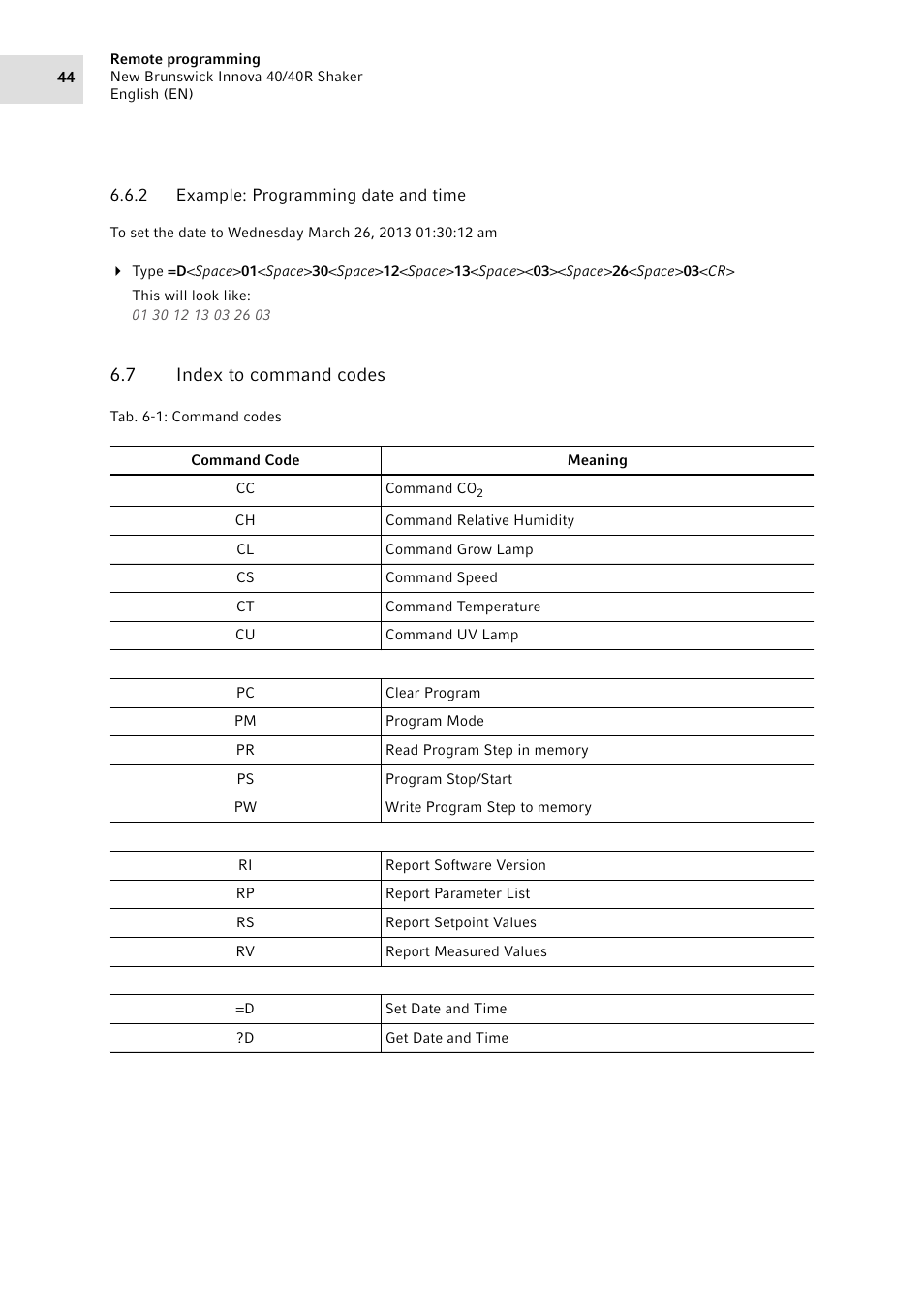 2 example: programming date and time, 7 index to command codes, Example: programming date and time | Index to command codes | Eppendorf Innova 40R Shaker User Manual | Page 44 / 64