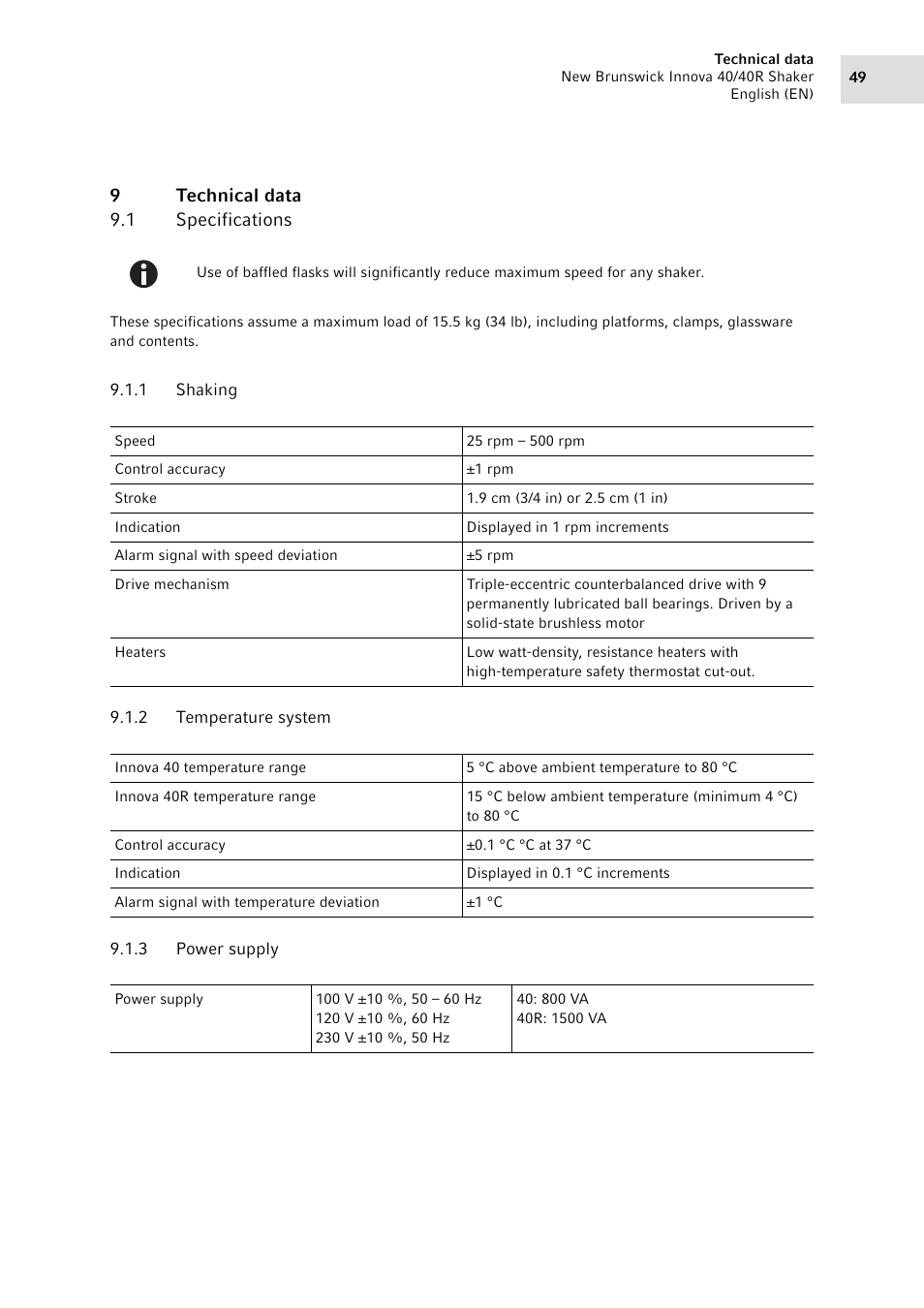 9 technical data, 1 specifications, 1 shaking | 2 temperature system, 3 power supply, Technical data 9.1, Specifications 9.1.1, Shaking, Temperature system, Power supply | Eppendorf Innova 40R Shaker User Manual | Page 49 / 64