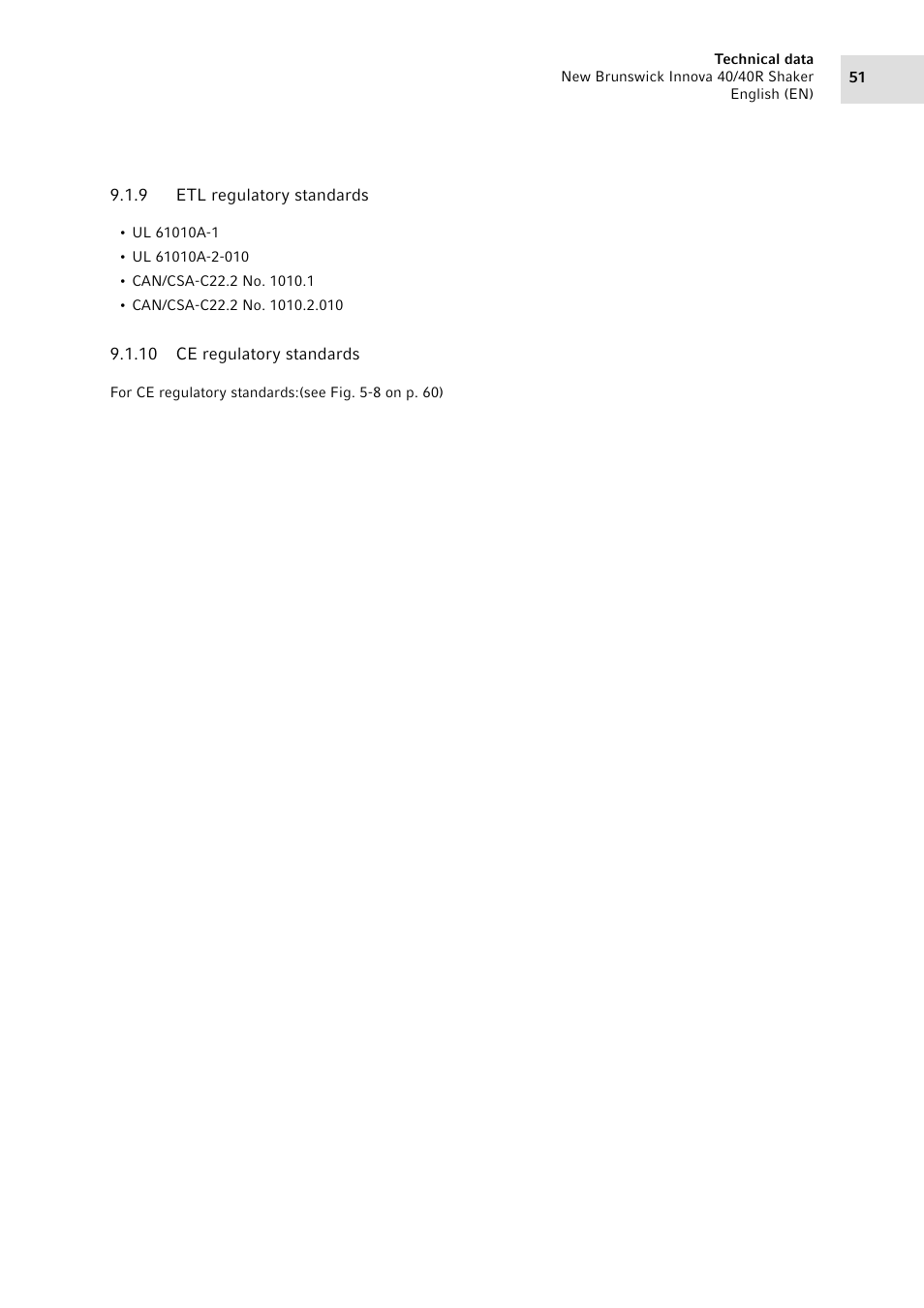 9 etl regulatory standards, 10 ce regulatory standards, Etl regulatory standards | Ce regulatory standards | Eppendorf Innova 40R Shaker User Manual | Page 51 / 64