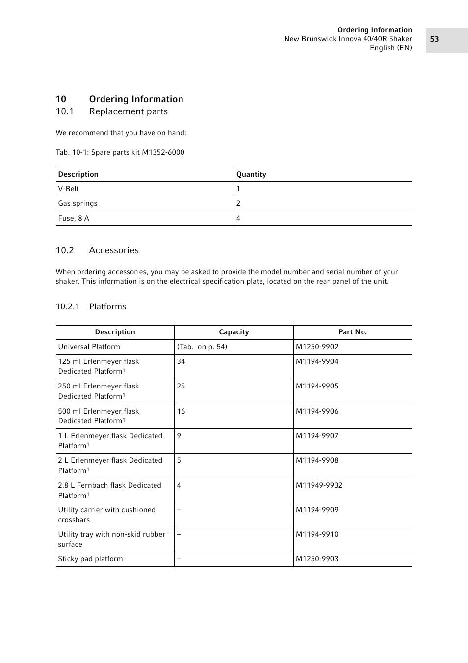 10 ordering information, 1 replacement parts, 2 accessories | 1 platforms, Replacement parts, Accessories 10.2.1, Platforms, Platforms on p. 53), Brunswick shaker accessories (see, Accessories on p. 53) | Eppendorf Innova 40R Shaker User Manual | Page 53 / 64