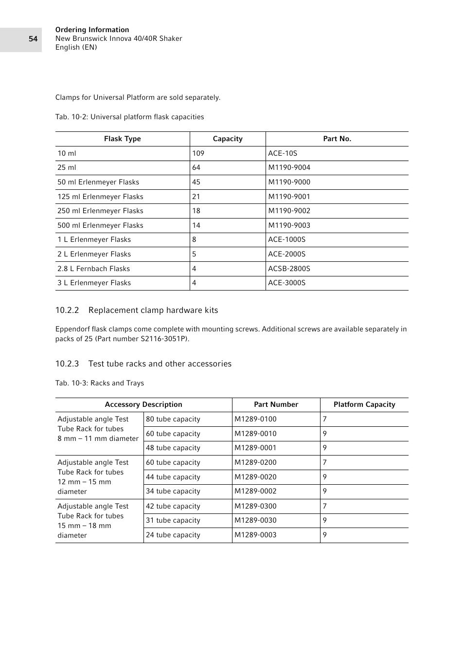 2 replacement clamp hardware kits, 3 test tube racks and other accessories, Replacement clamp hardware kits | Test tube racks and other accessories | Eppendorf Innova 40R Shaker User Manual | Page 54 / 64