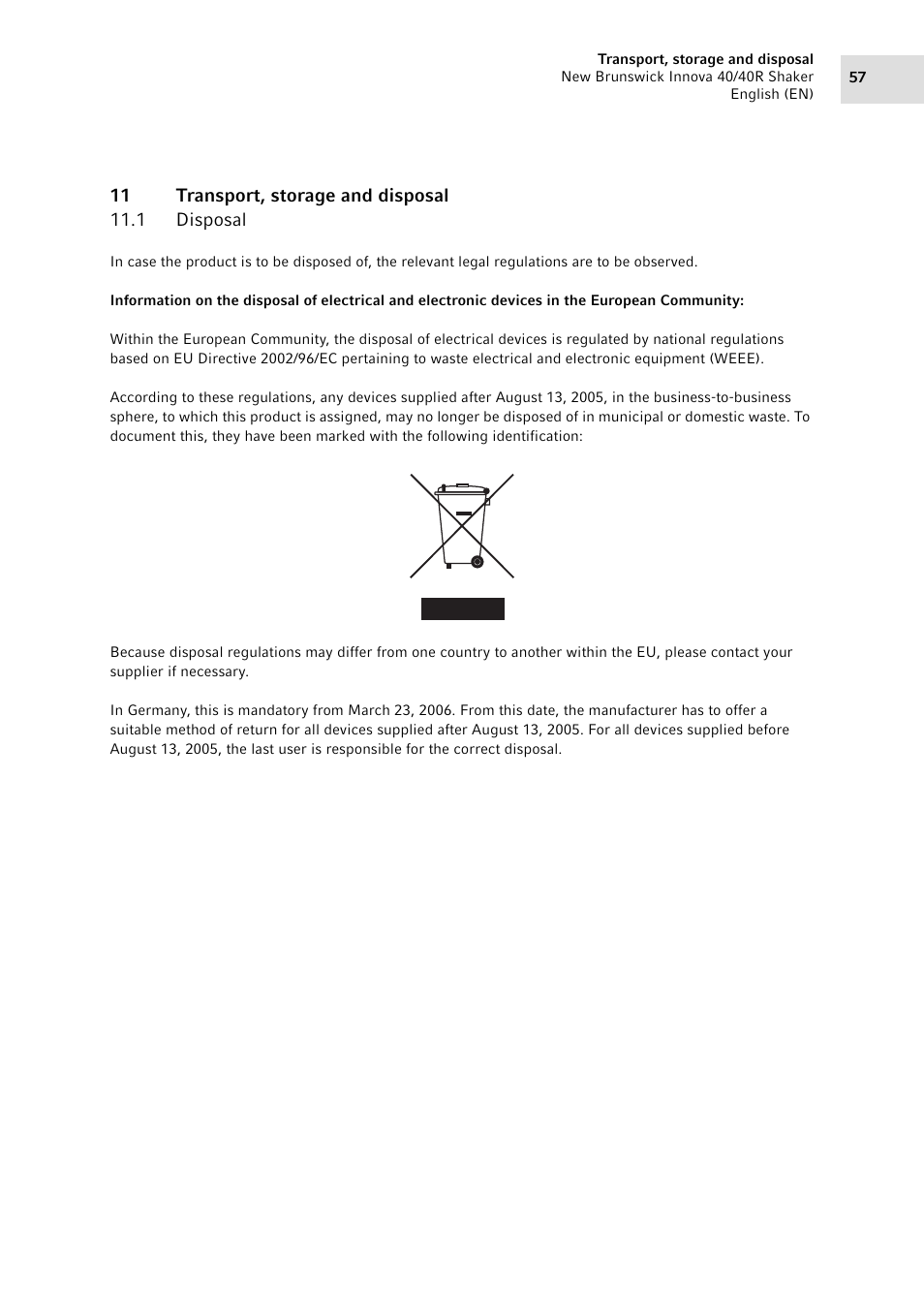 11 transport, storage and disposal, 1 disposal, Disposal | Eppendorf Innova 40R Shaker User Manual | Page 57 / 64