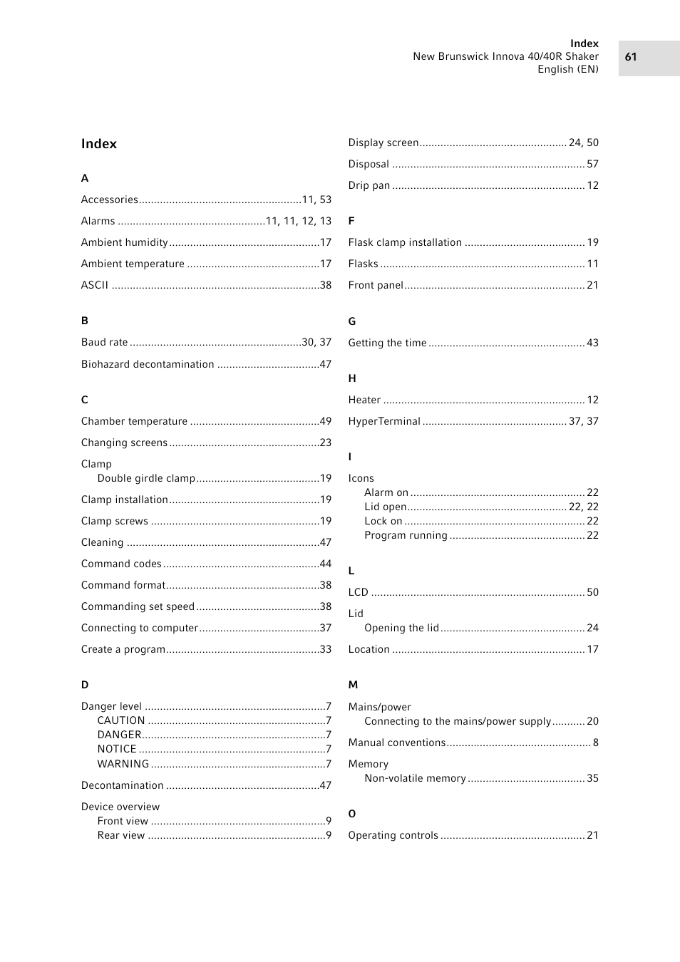 Index | Eppendorf Innova 40R Shaker User Manual | Page 61 / 64