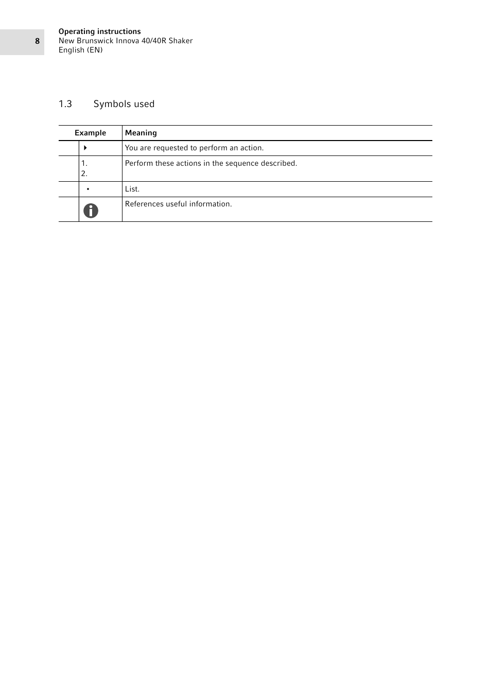 3 symbols used, Symbols used | Eppendorf Innova 40R Shaker User Manual | Page 8 / 64