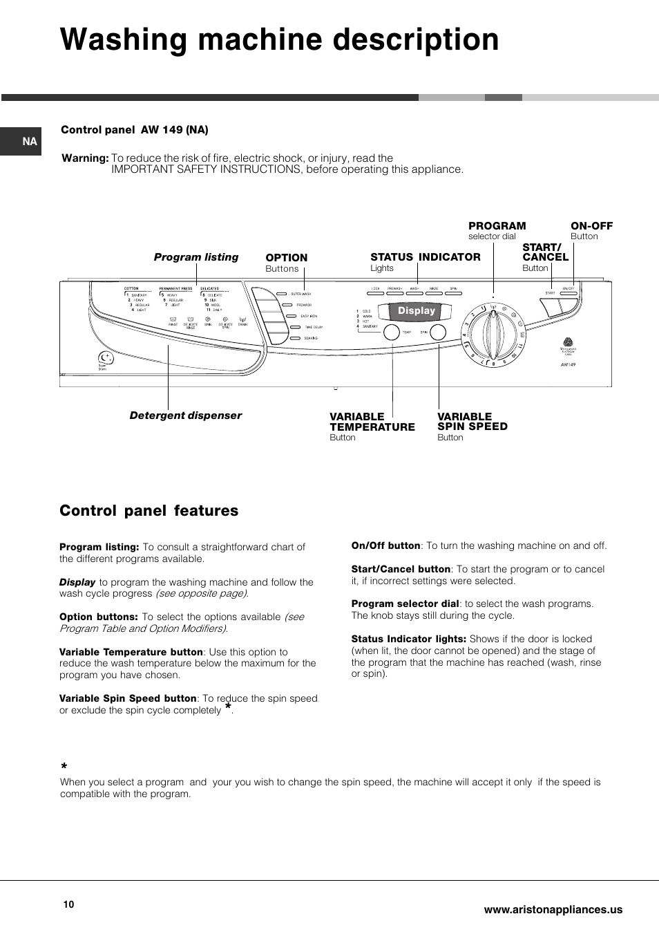 Washing machine description, Control panel features | Ariston AW 149 User Manual | Page 10 / 72