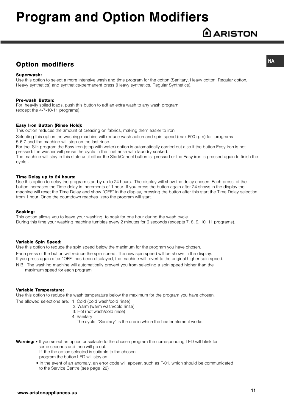 Program and option modifiers, Option modifiers | Ariston AW 149 User Manual | Page 11 / 72