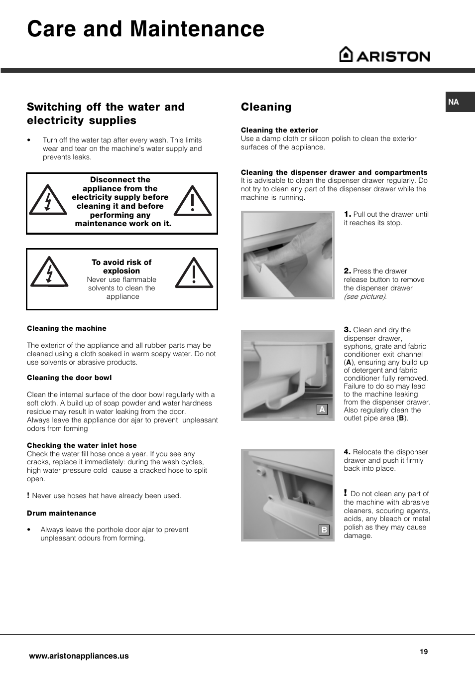 Care and maintenance, Switching off the water and electricity supplies, Cleaning | Ariston AW 149 User Manual | Page 19 / 72