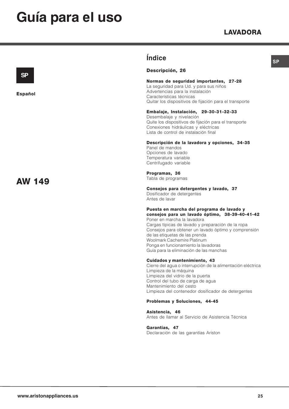 Guía para el uso, Aw 149, Índice | Lavadora | Ariston AW 149 User Manual | Page 25 / 72