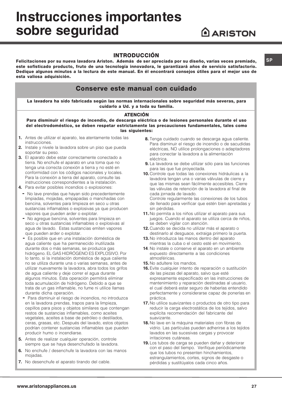 Instrucciones importantes sobre seguridad, Conserve este manual con cuidado, Introducción | Ariston AW 149 User Manual | Page 27 / 72