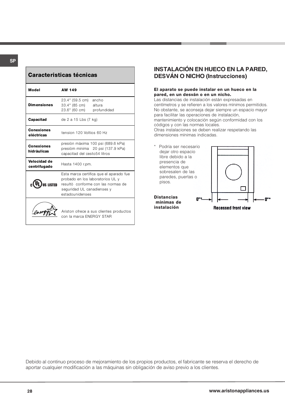 Caracteristicas técnicas | Ariston AW 149 User Manual | Page 28 / 72