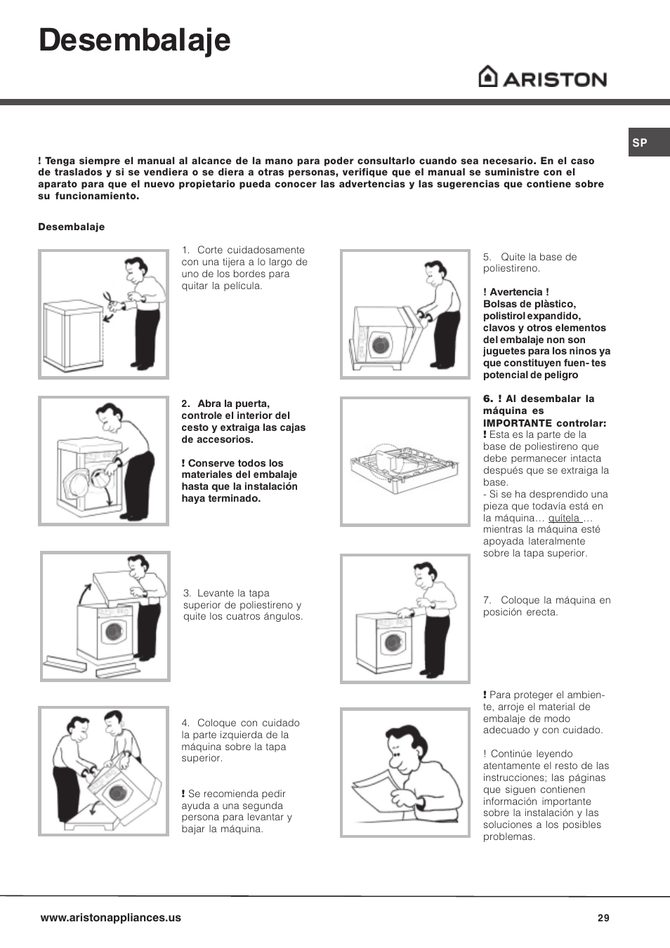 Desembalaje | Ariston AW 149 User Manual | Page 29 / 72